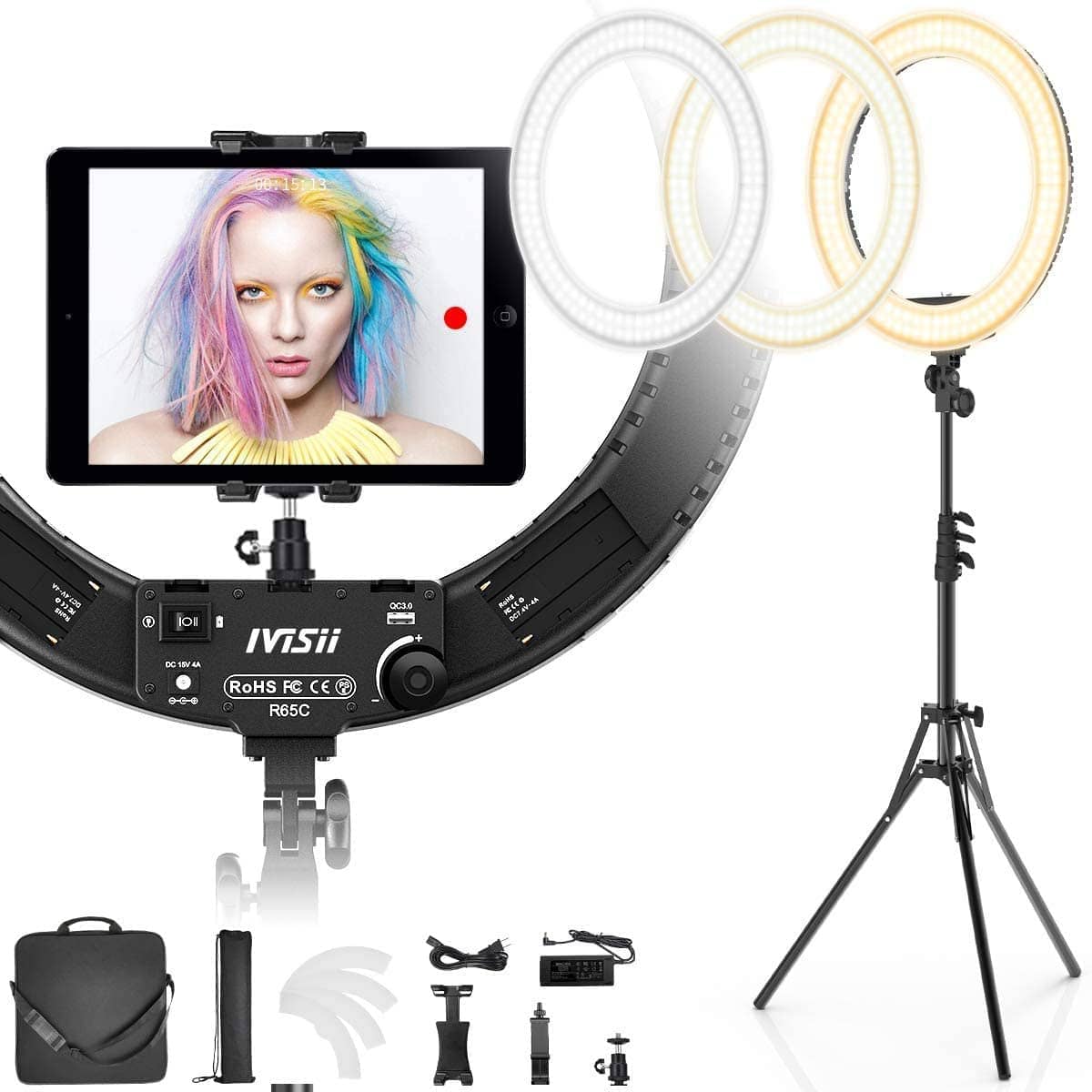 IVISII 19 inch Ring Light with Stand and Phone Holder,60W Bi-Color